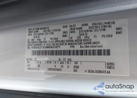 2021 Ford Transit-350 Passenger Van Xlt from USA, damaged, VIN 1FBAX2Y85MKA31071